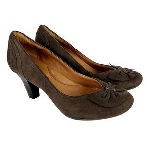 Clarks Womens Society Ball Brown Suede Bow Pumps Comfort Heels Shoes size 9.5